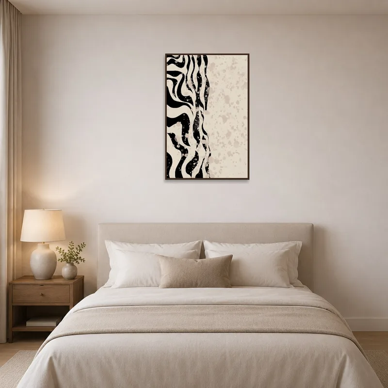 Abstract Waves and Splatter Art Print as a focal point above the bedroom headboard.