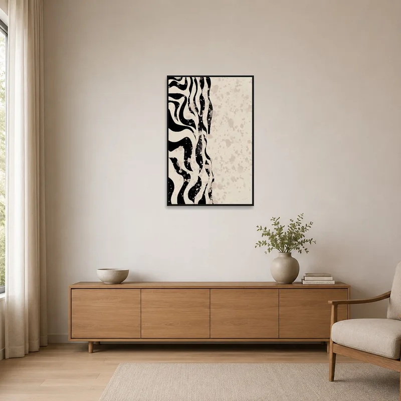 Abstract Waves and Splatter Art Print in a minimalist space with sparse furnishings.