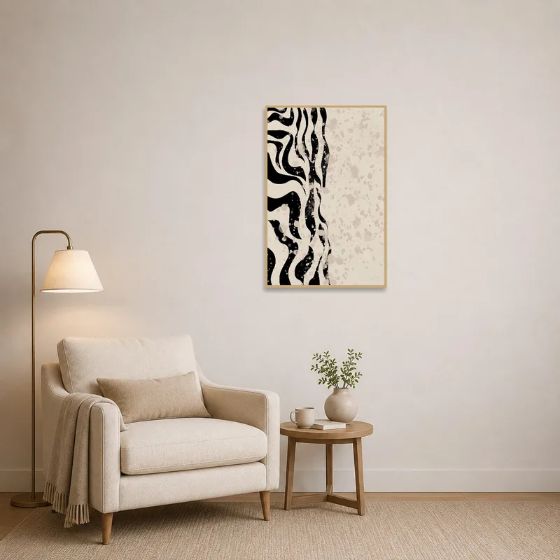 Abstract Waves and Splatter Art Print brightening a cozy reading corner.