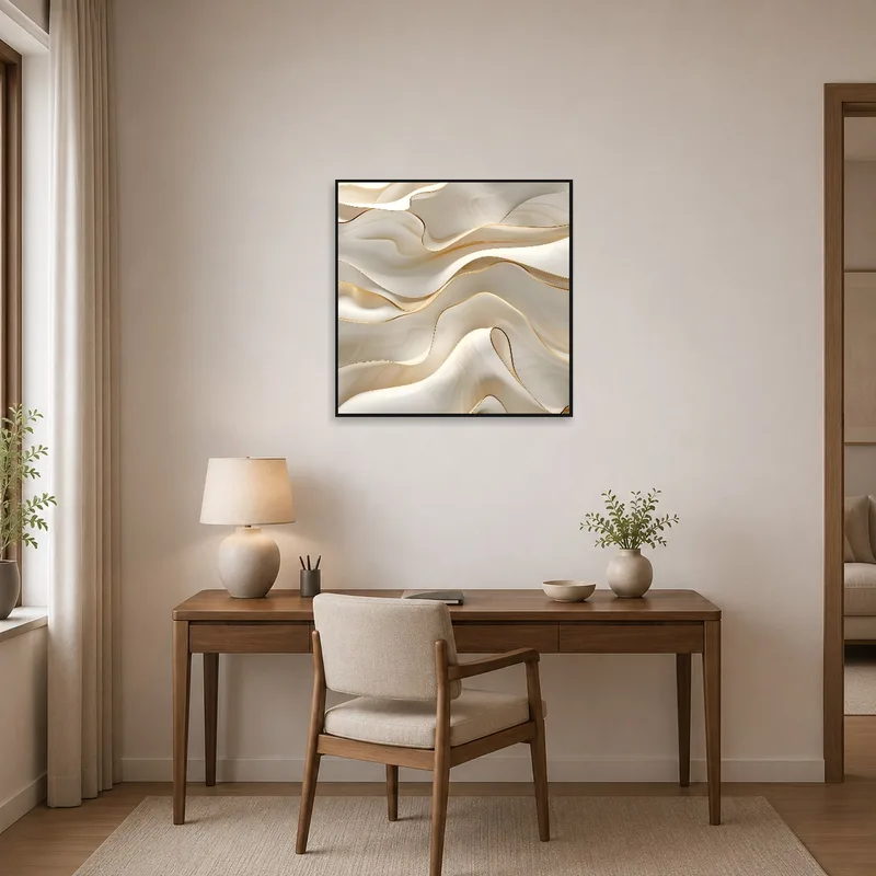 Home office wall highlighted by abstract waves in cream and gold tones for inspiration.