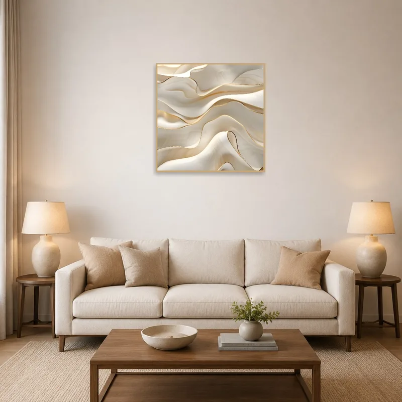 Abstract waves in cream and gold adorn a living room wall above a modern sofa.