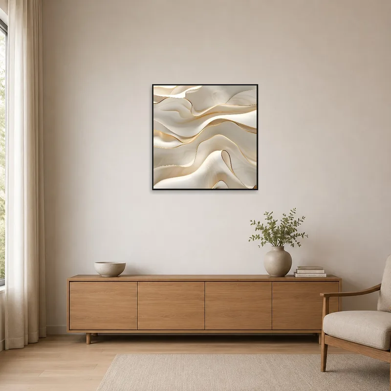 Minimalist room with abstract cream and gold waves artwork on a clean white wall.