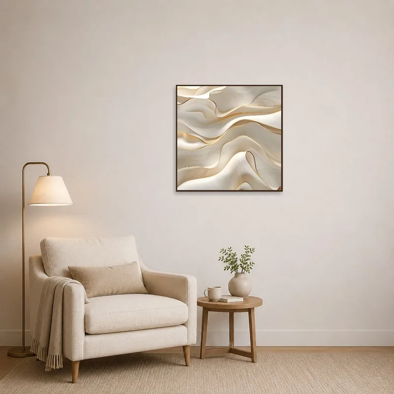 Reading corner with abstract waves in cream and gold tones adding a calming effect.