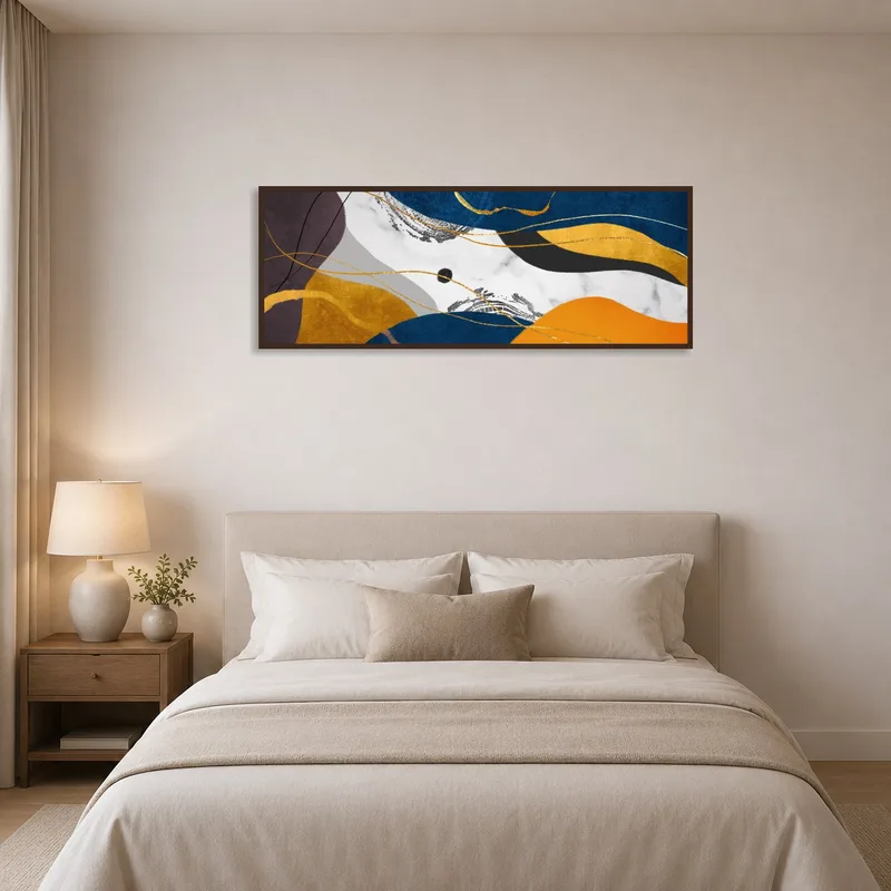 Abstract Waves in Gold and Blue above the bed adding elegance to a bedroom.