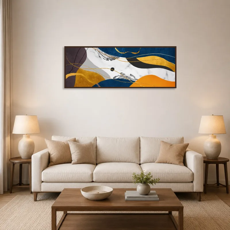 Abstract Waves in Gold and Blue on a living room wall above a modern sofa.