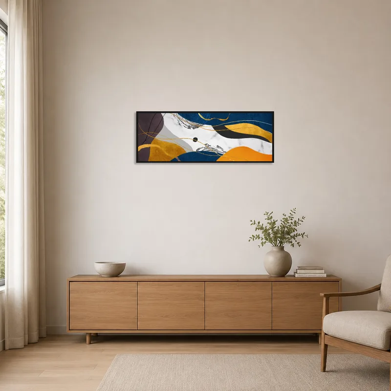Abstract Waves in Gold and Blue on a stark wall with minimalist decor.