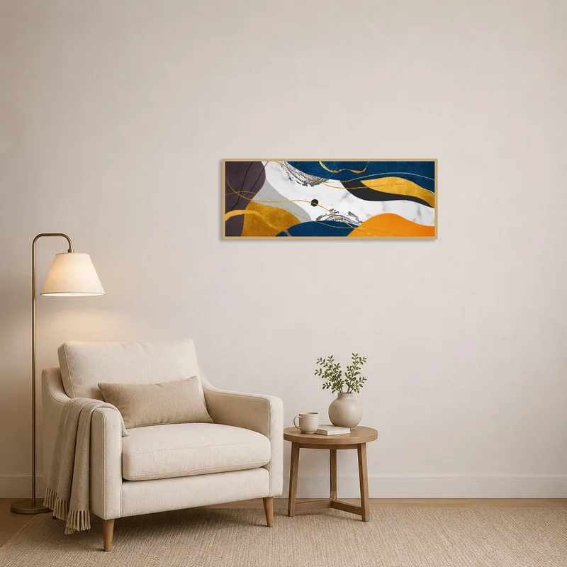 Abstract Waves in Gold and Blue adding color to a cozy reading corner.