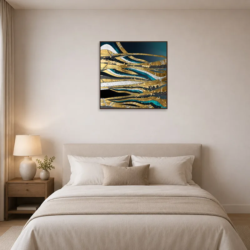Gold and teal waves design brings a calming effect to a bedroom space.