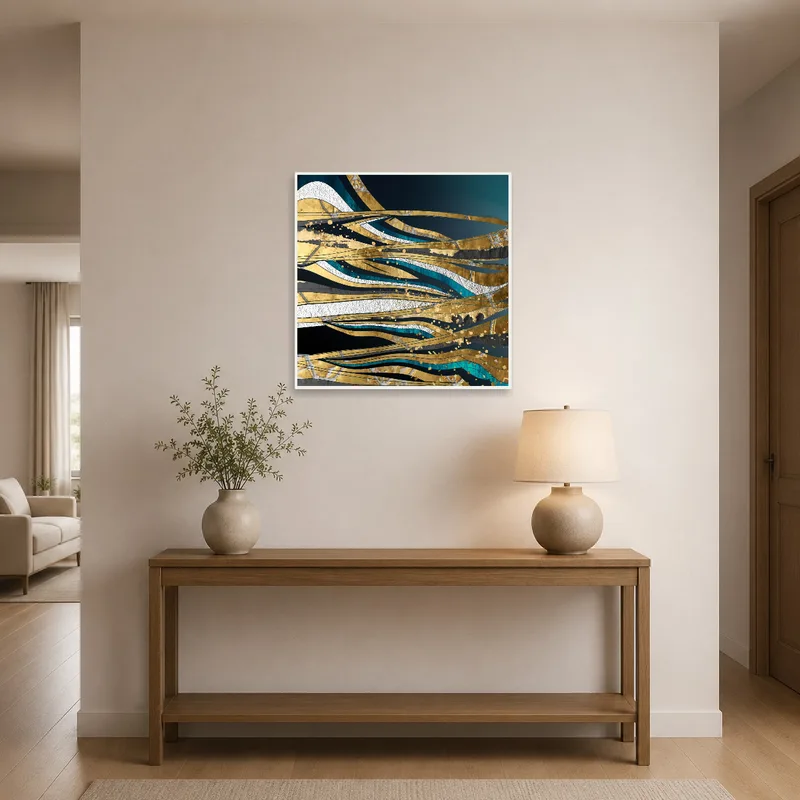 Gold and teal abstract artwork offers a warm greeting in an entrance hall.
