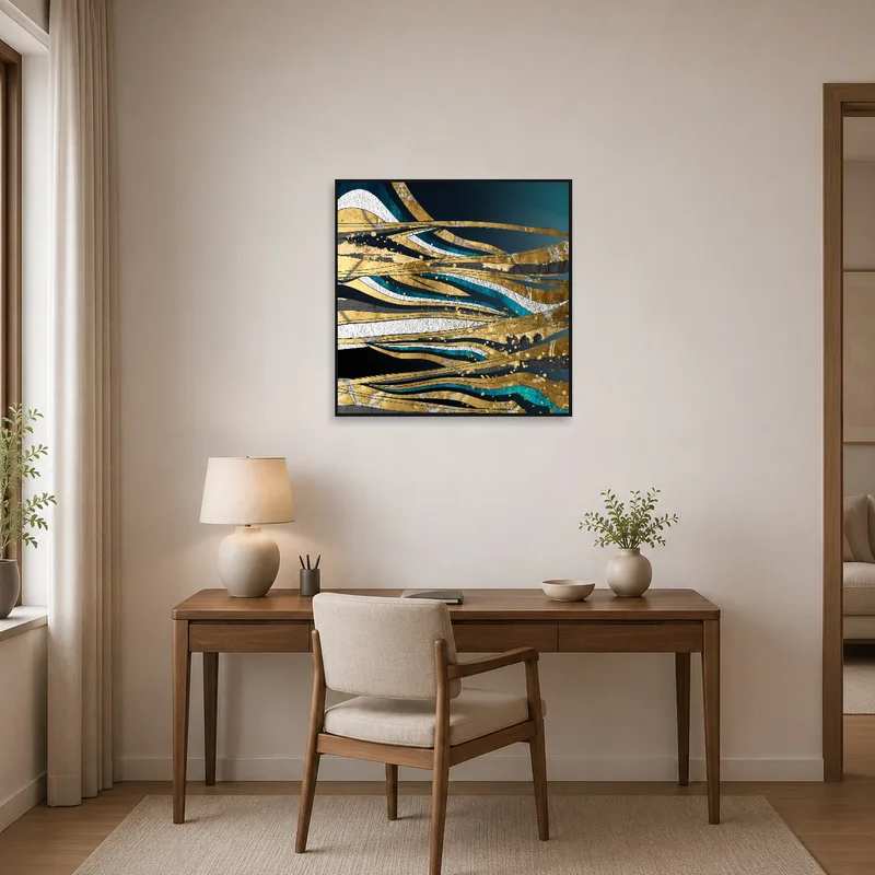 Home office wall featuring an inspiring gold and teal abstract waves design.