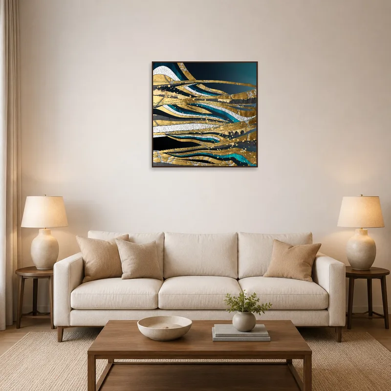 Gold and teal abstract waves art piece adds vibrancy to a living room wall.