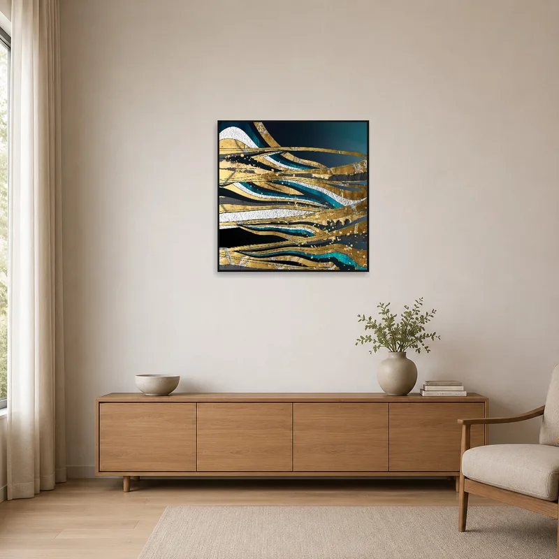 Minimalist setting enhanced by a gold and teal abstract waves design.