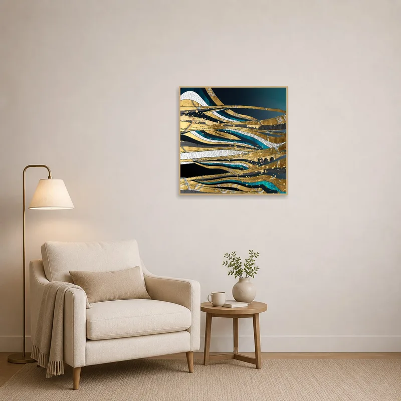 Reading corner complemented by soothing gold and teal abstract waves piece.