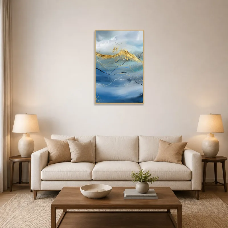Art print of abstract waves with gold accents in a living room above a cozy sofa.