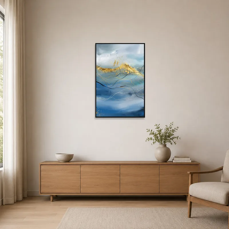 Abstract waves with gold accents art print in a minimalist room with sparse furnishings.