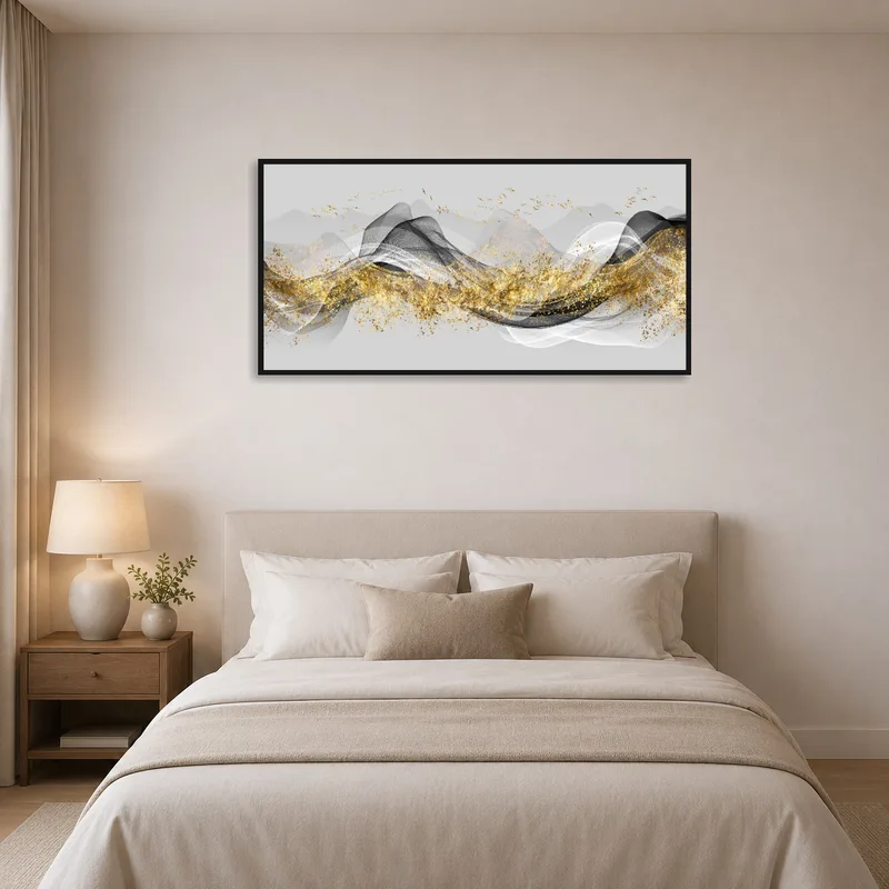 Bedroom displaying abstract waves with gold accents art as a serene headboard centerpiece.