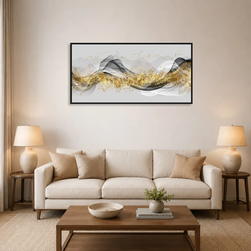 Panoramic art of abstract waves with gold accents on living room wall above a modern sofa.