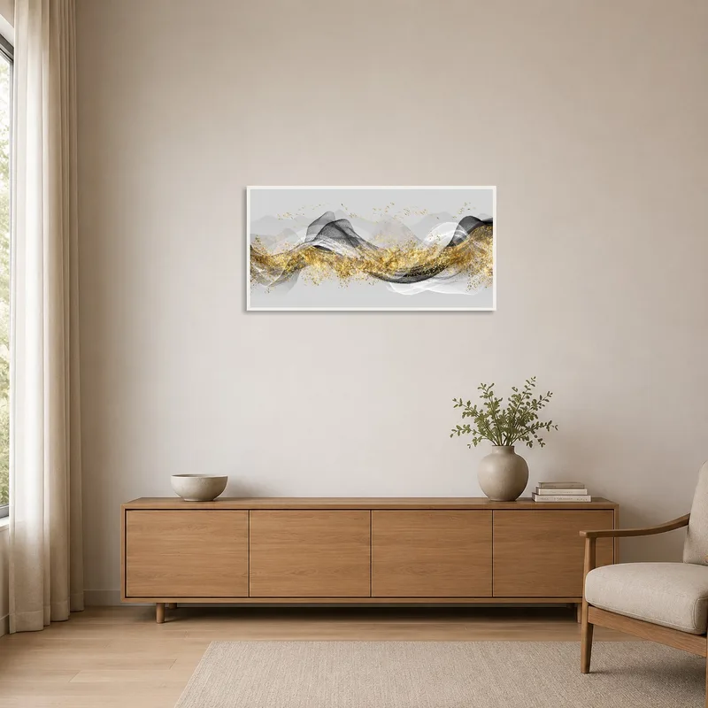 Abstract waves with gold accents art enhancing a minimalist room with clean lines and neutral tones.