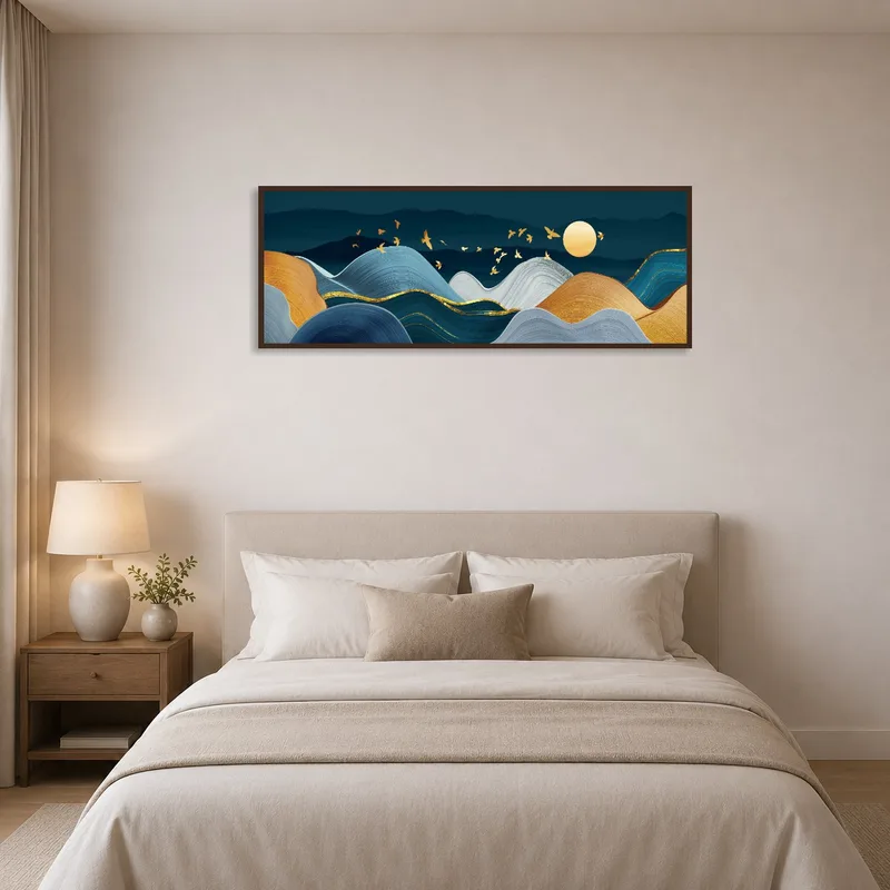 Bedroom with abstract waves alongside a golden sun and birds, enhancing relaxation.