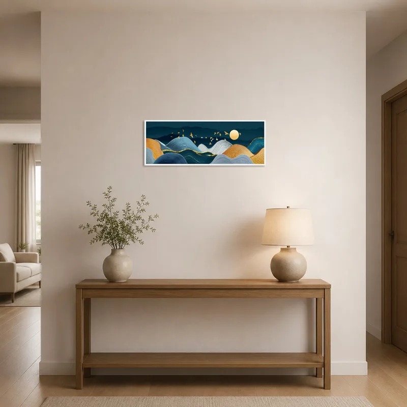 Entrance hall featuring abstract waves with a golden sun and birds as a striking focal point.
