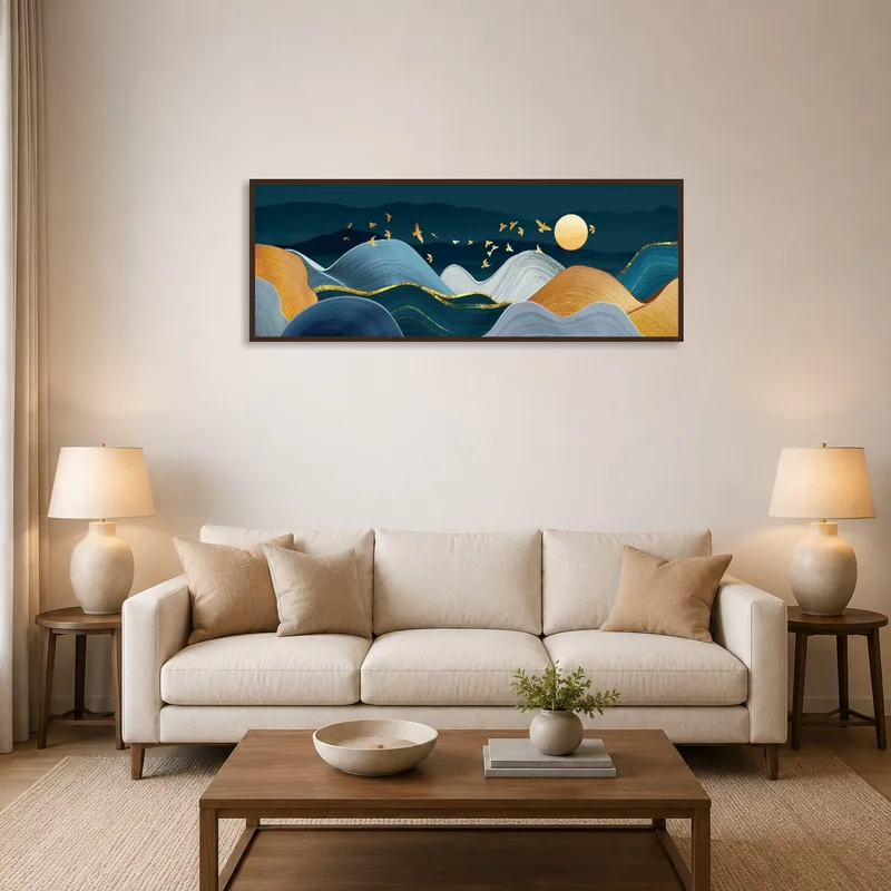 Abstract waves with a golden sun and birds on the living room wall, adding elegance.