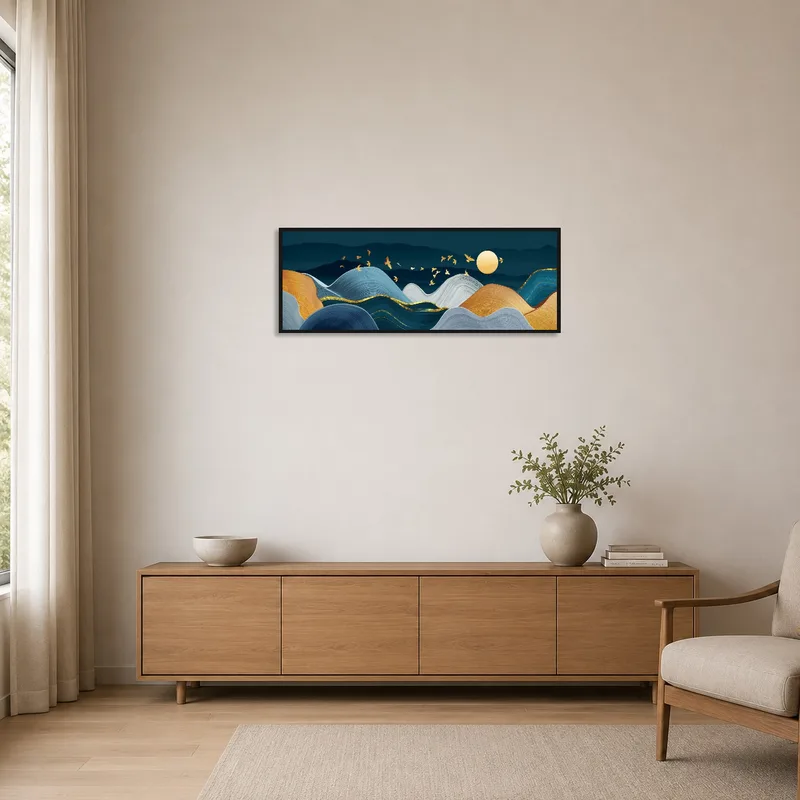 Minimalist room showcasing abstract waves featuring a golden sun and birds for a serene vibe.