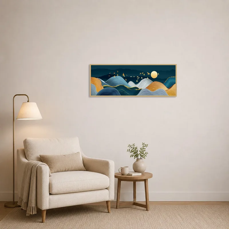 Reading corner adorned with abstract waves, a golden sun, and birds for a calming atmosphere.