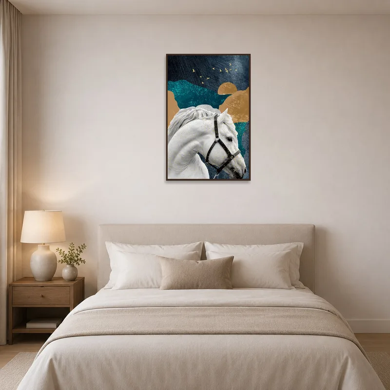Elegant white and gold horse artwork adorning a serene bedroom.