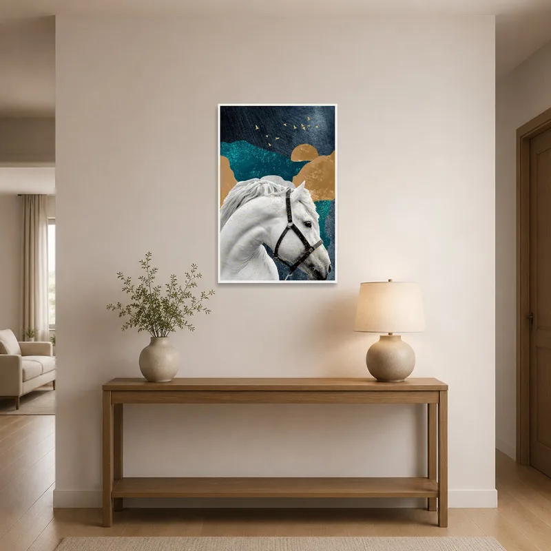 Abstract white horse art with gold highlights in an entrance hall.