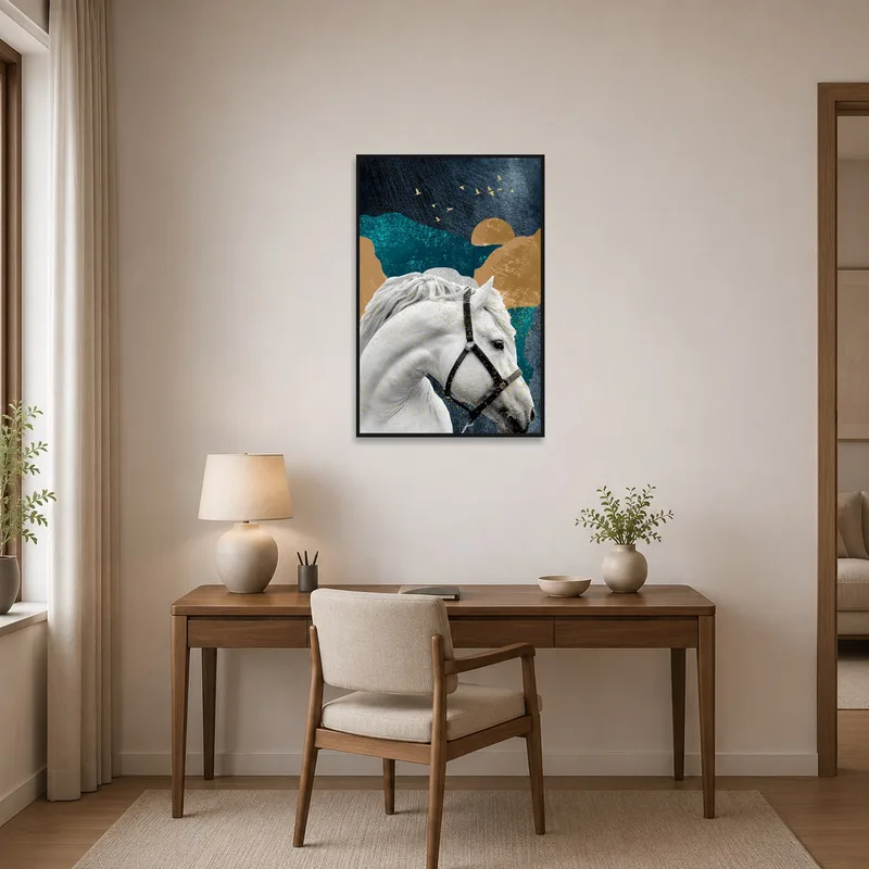 Home office with a striking white horse artwork and gold accents.