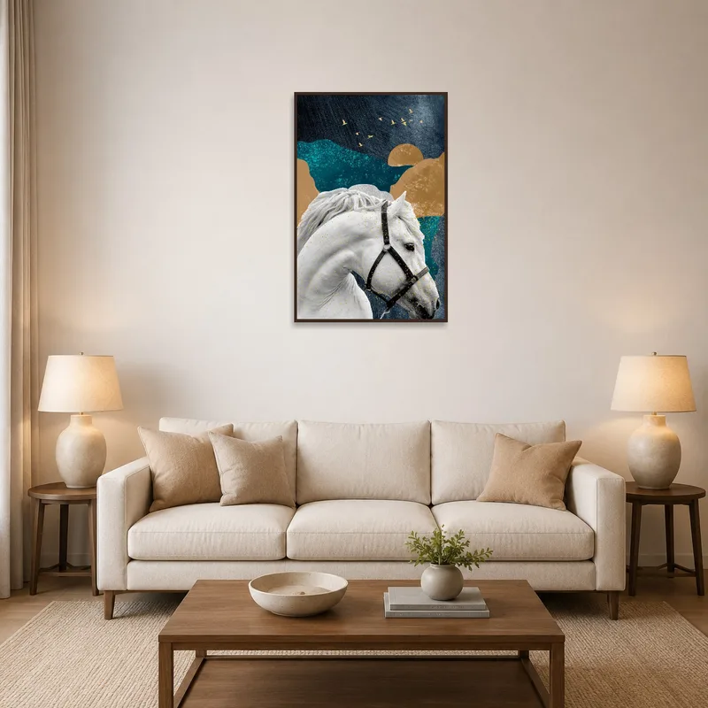 A white horse with golden accents art piece in a stylish living room.