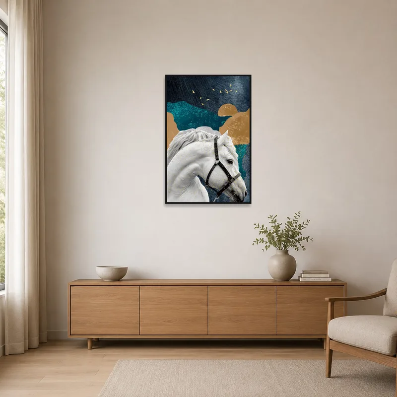 Minimalist room showcasing a white horse with gold-toned features.