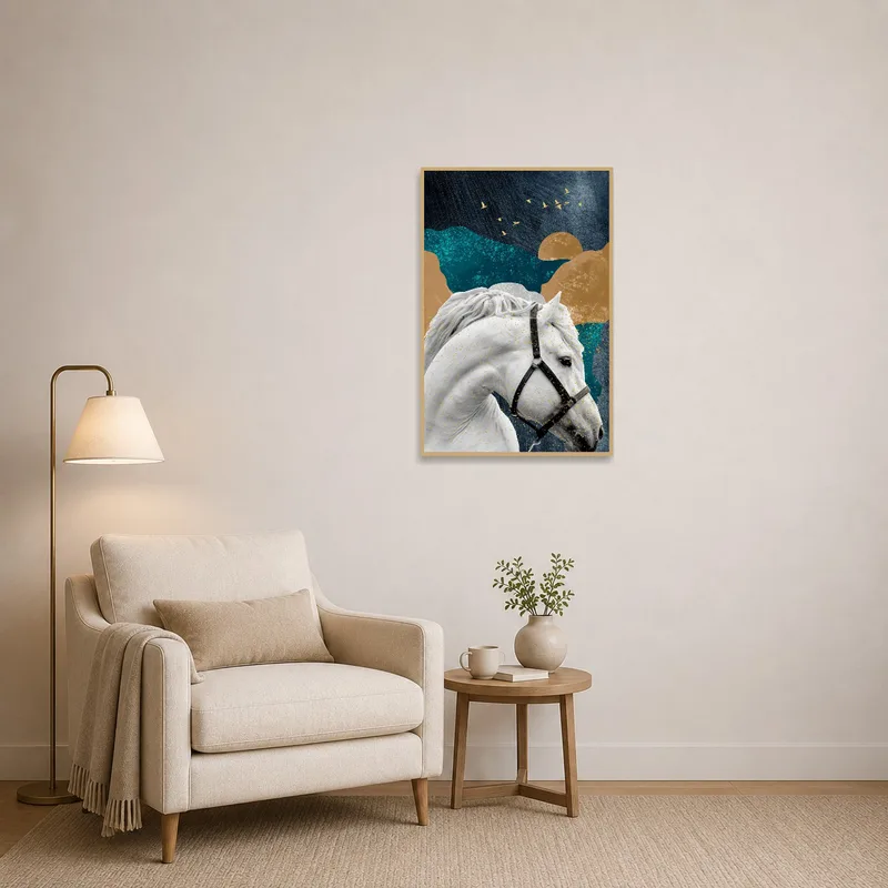 A cozy reading corner featuring a horse art with subtle gold details.