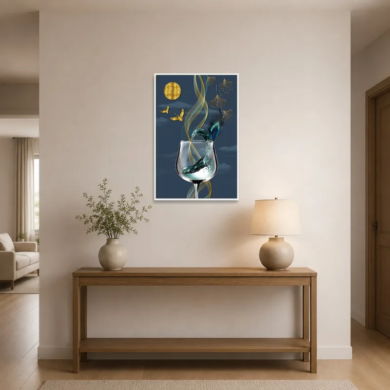 An entrance hall highlighted by a captivating abstract wine glass artwork.