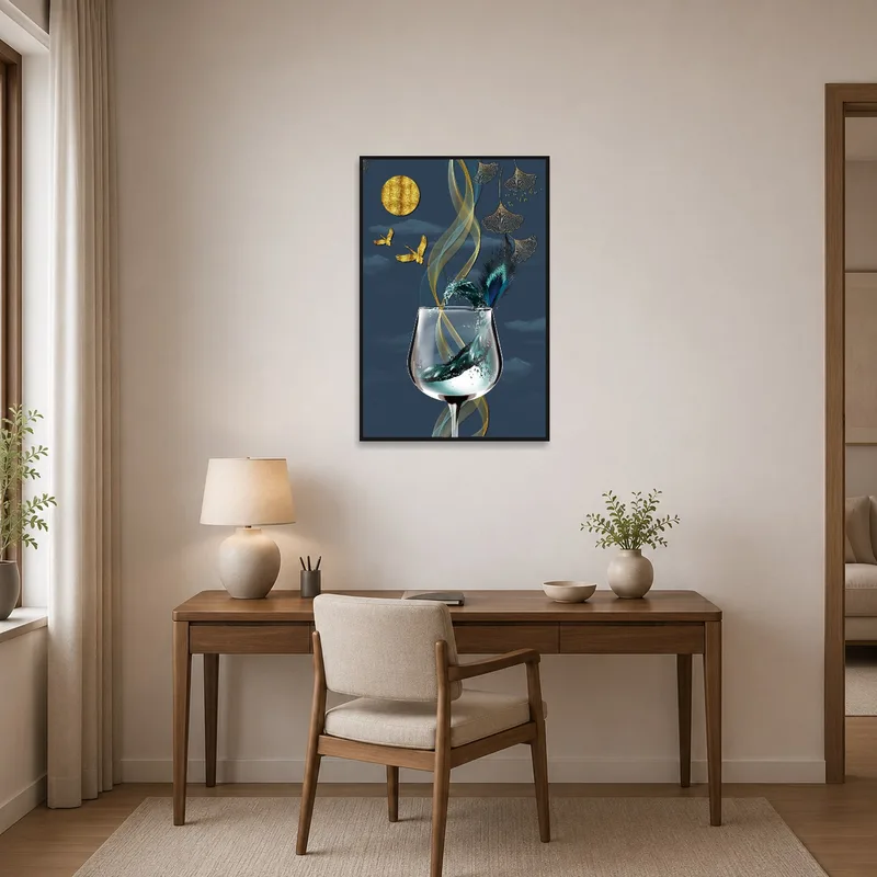 A home office decorated with an abstract artwork of a wine glass and ethereal motifs.