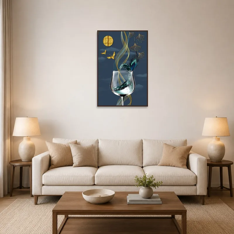 A living room adorned with an abstract wine glass artwork featuring ethereal designs.