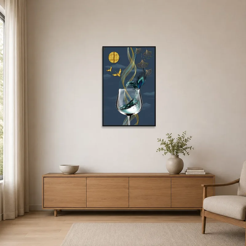 A minimalist space showcasing a subtle abstract wine glass piece with airy elements.