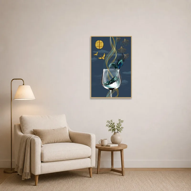 A reading corner enhanced by an abstract piece depicting a wine glass with ethereal touches.