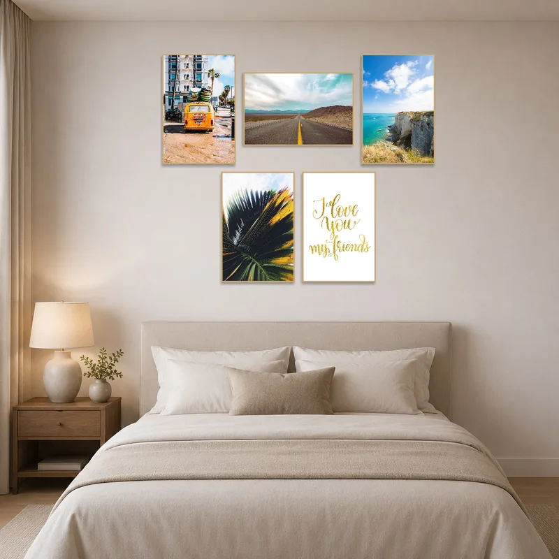 Serene bedroom complemented by nature-inspired wall art.