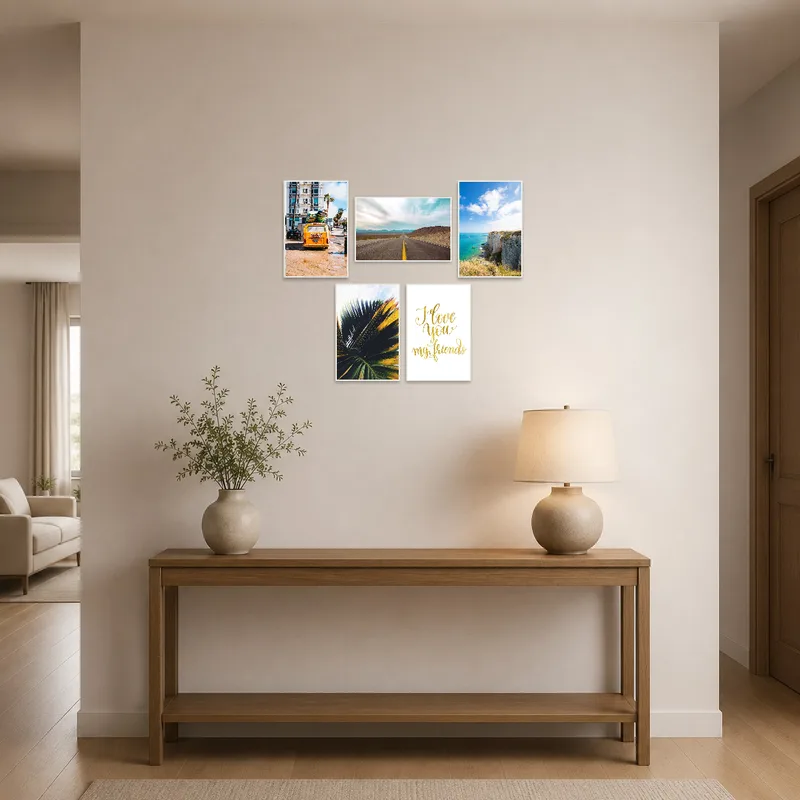 Bright entrance hall adorned with nature and adventure art.