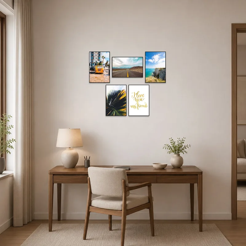 Sophisticated home office enriched with adventure artwork.