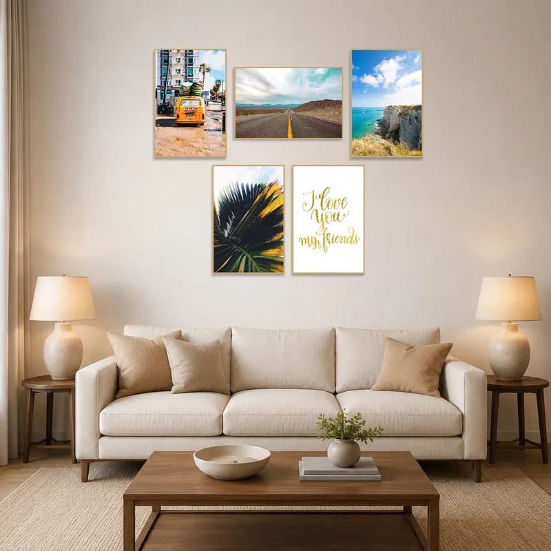 Nature-themed wall art set enhancing a cozy living room.