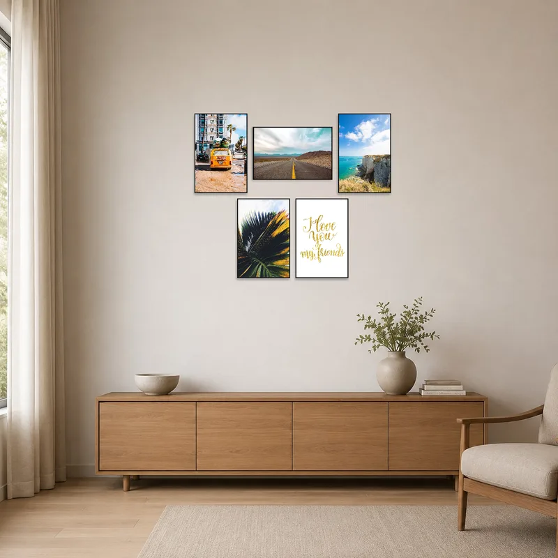 Minimalist room with adventure art set as focal point.