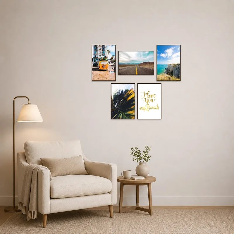 Inviting reading corner featuring an adventure wall art set.