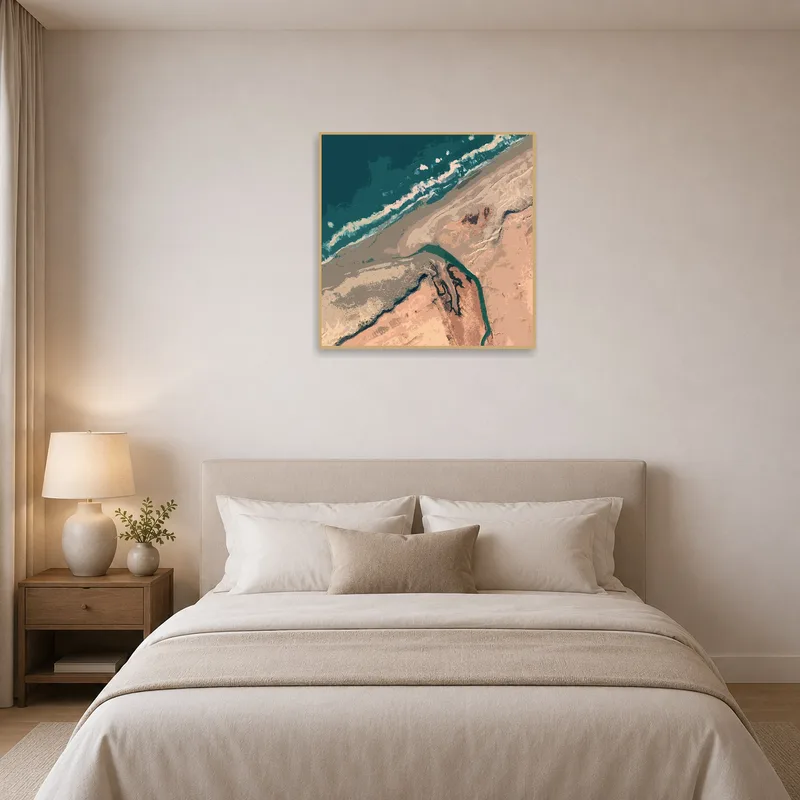 Bedroom wall adorned with serene abstract coastal landscape piece.