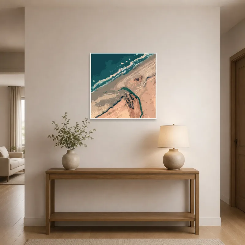 Artwork capturing abstract coastal beauty greets in a stylish entrance hall.