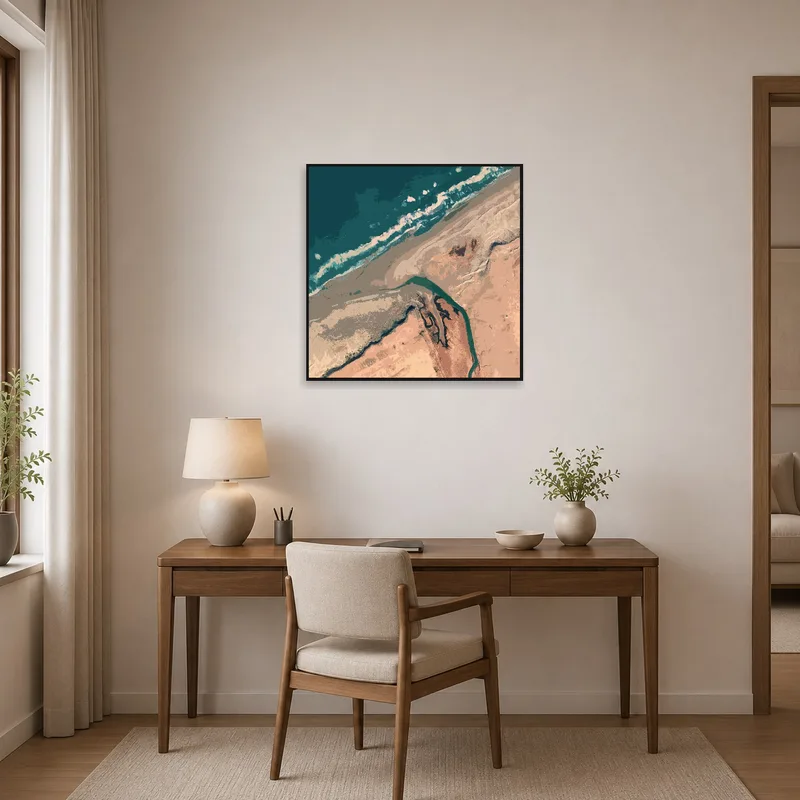 Home office enhanced by abstract coastal art promoting creativity.