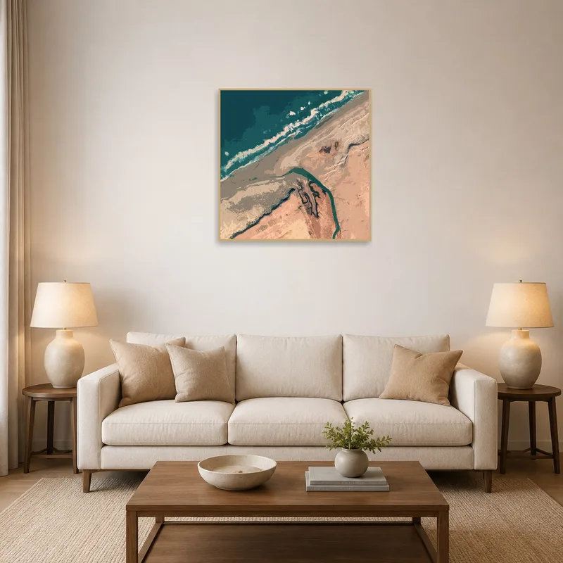 Aerial abstract coastal art above a contemporary living room sofa.