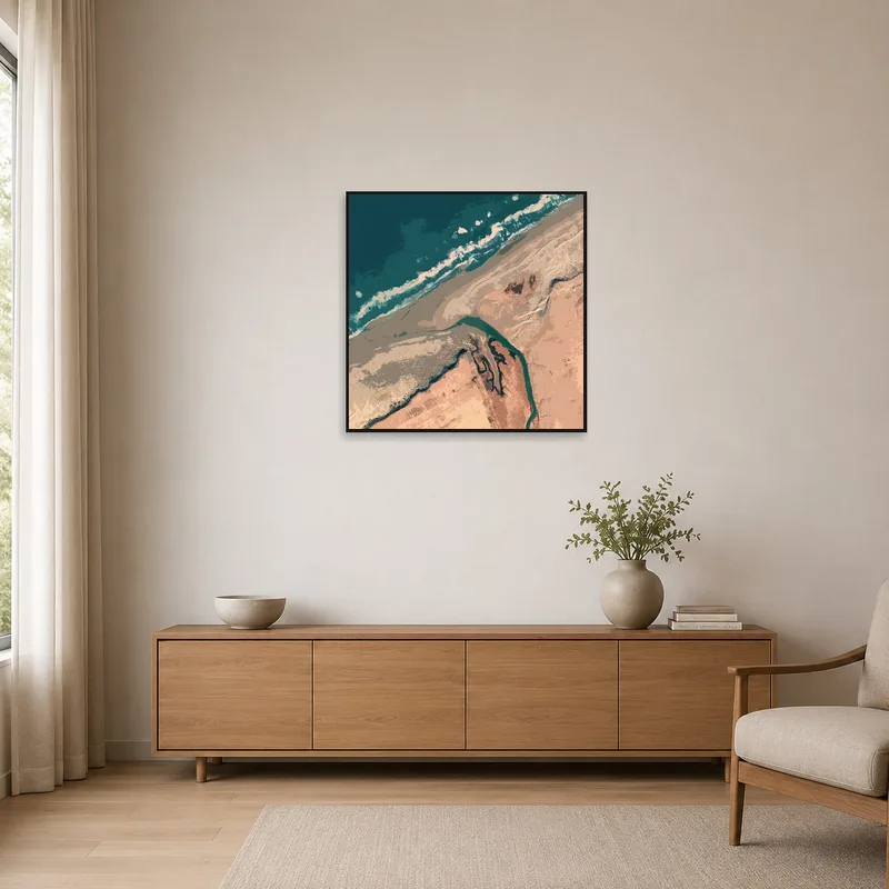 Minimalist room showcasing abstract coastal landscape on a white wall.