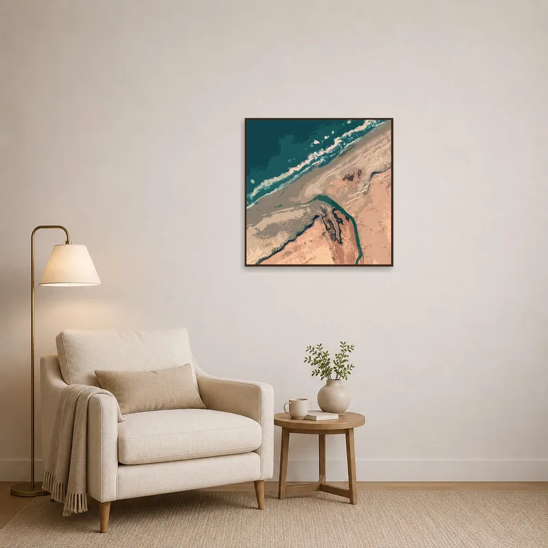 Reading corner enriched with aerial coastal abstract art.